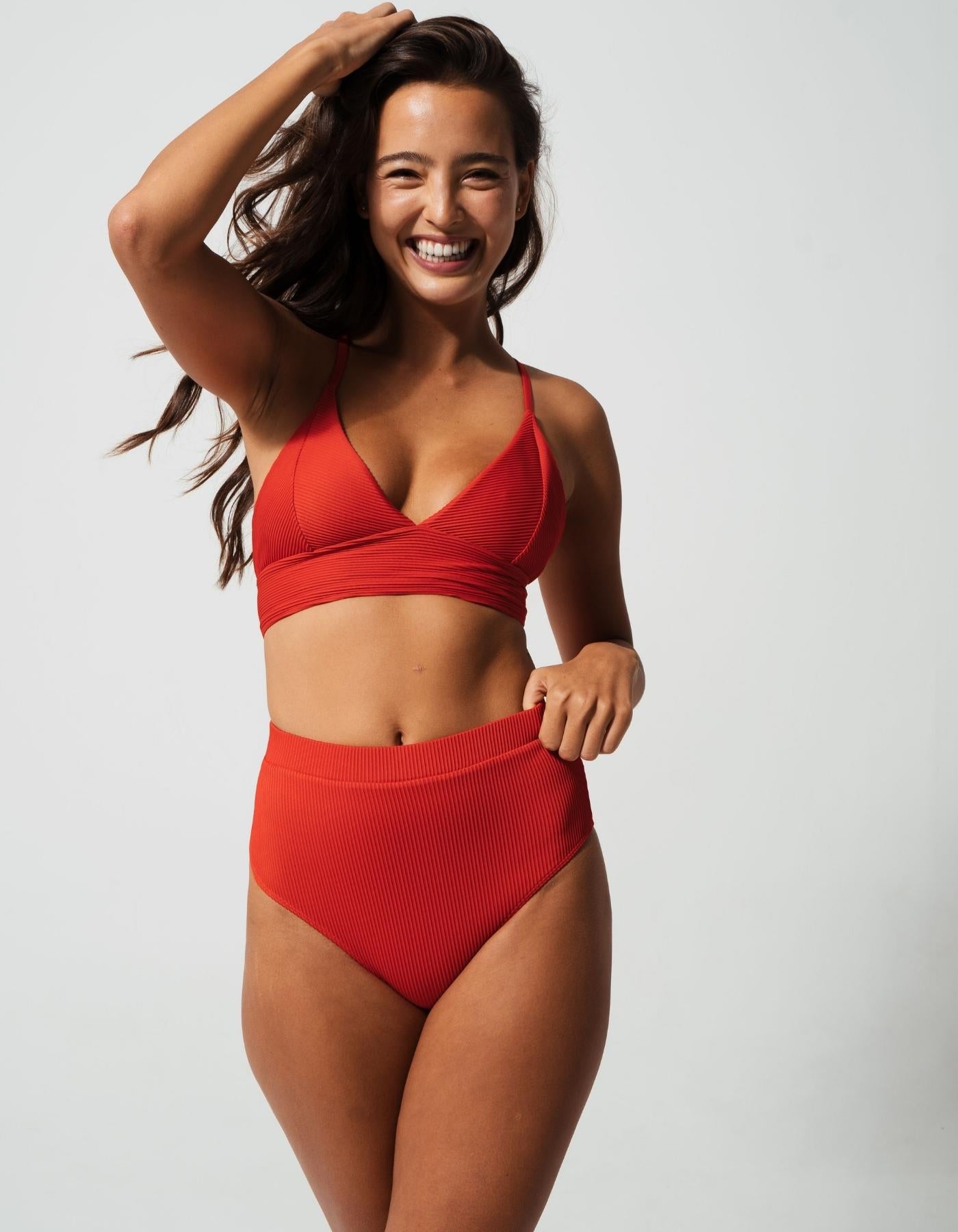 Sandbar_swimwear_family_matching_ribbed_bikini_high_waist_swimsuit_eco_recycled_lipstick_red