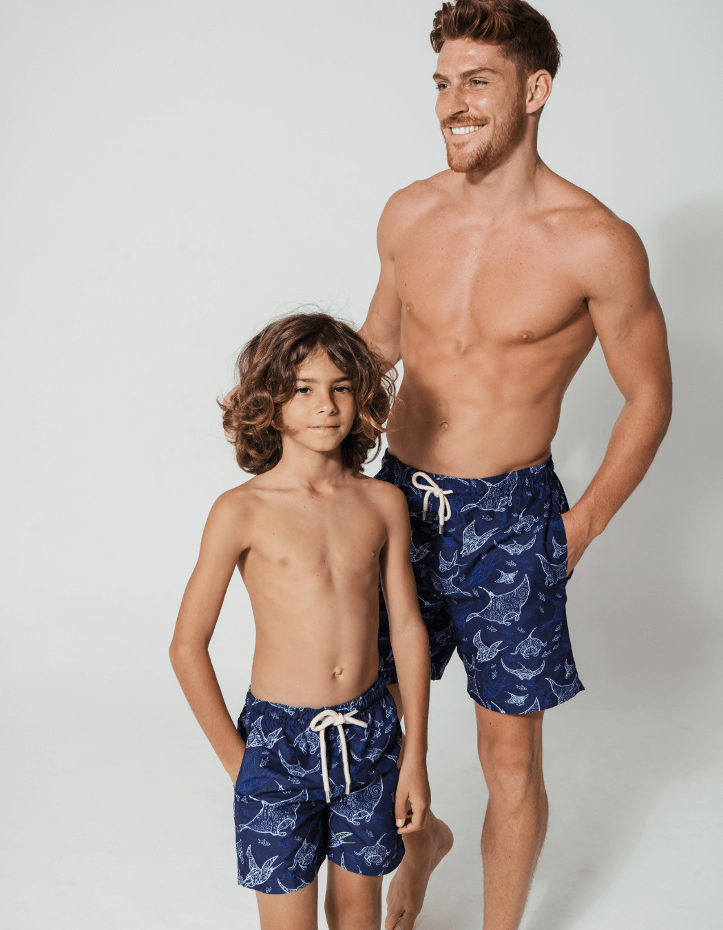 father and son swim shorts ocean manta
