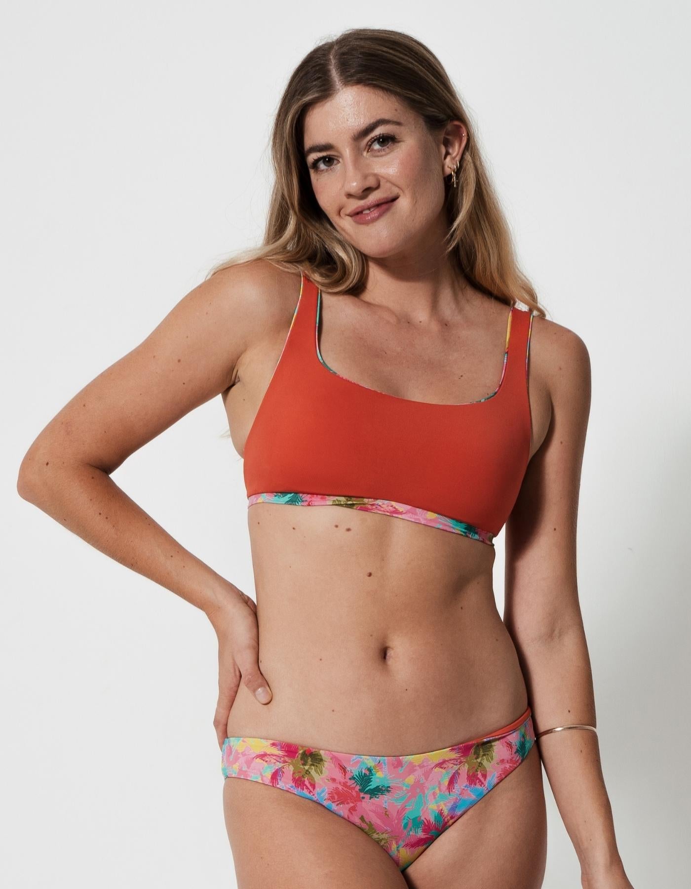 Sandbar_swimwear_family_matching_low_waist_bikini_eco_recycled_tank_top_bikini_reversible_Pink_palm_coral_rust