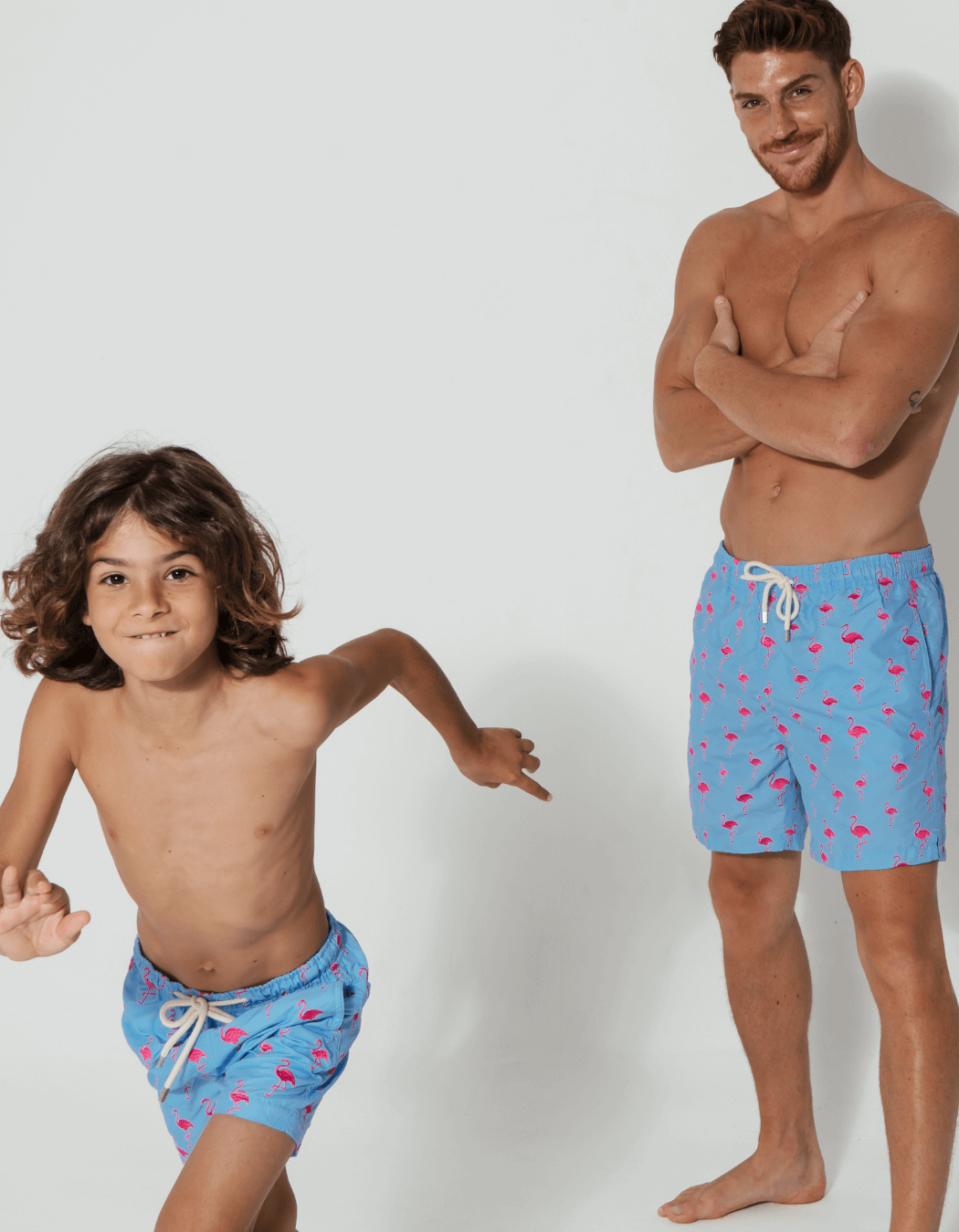 father and son swim shorts embroidered flamingo