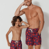 father and son swim shorts red starfish