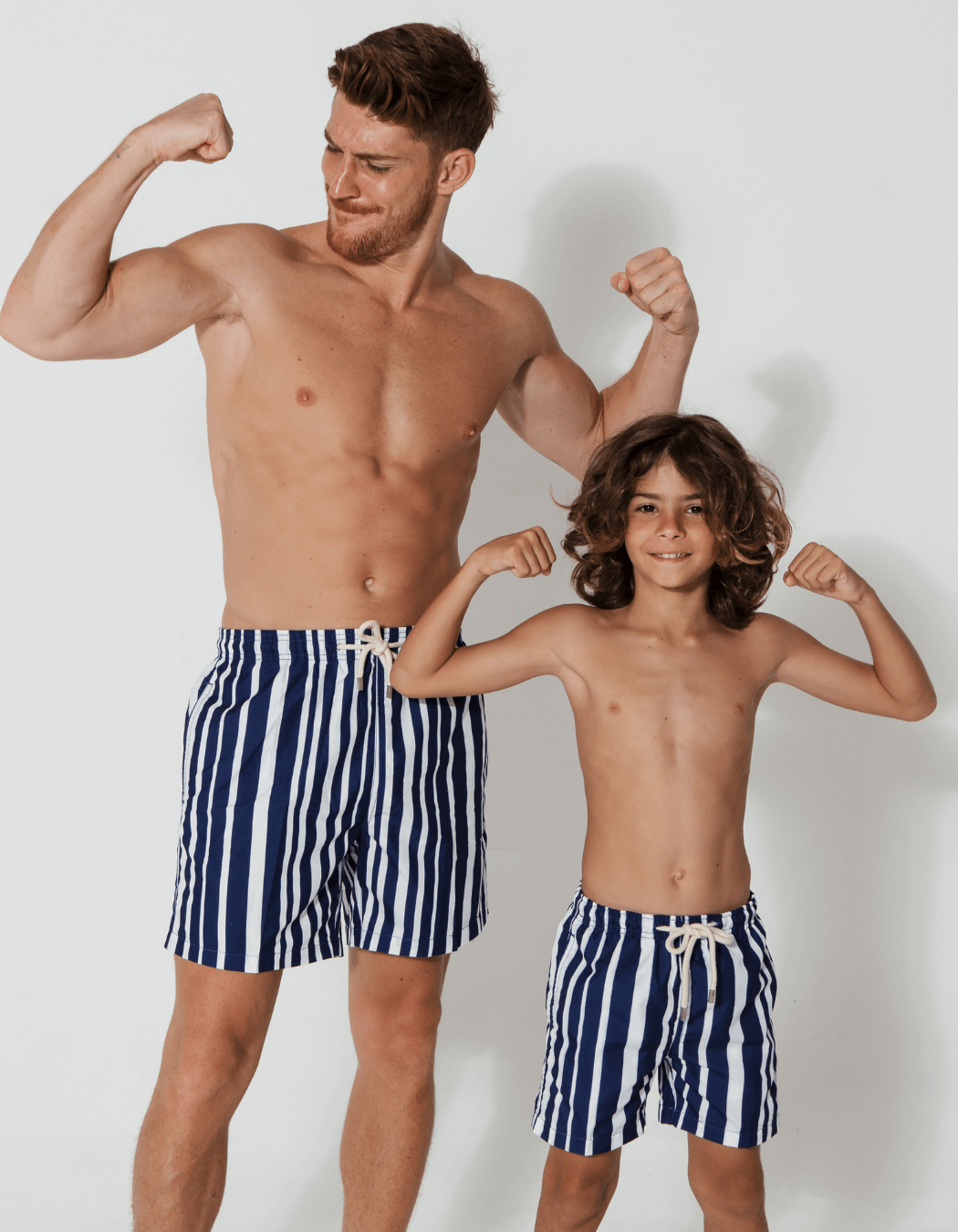 father and son swim shorts blue white stripes