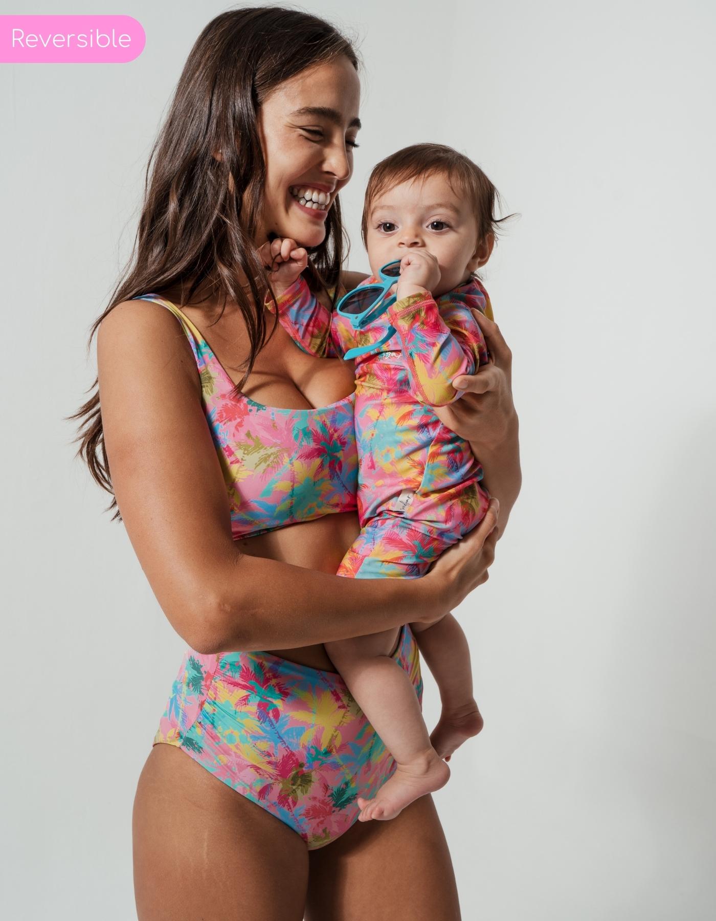Sandbar_swimwear_family_matching_high_waist_bikini_eco_recycled_tank_top_bikini_reversible_pink_palm_baby_mother
